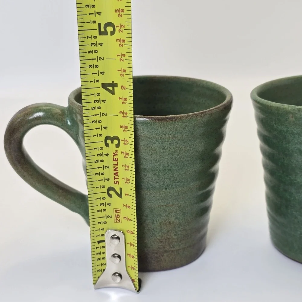 Rackliffe Pottery Blue Hill Maine Green Studio Pottery Mug Pair Signed - Picture 11 of 13